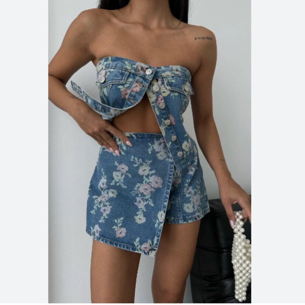 Floral Denim Strapless Crop Top and Skort- Blue